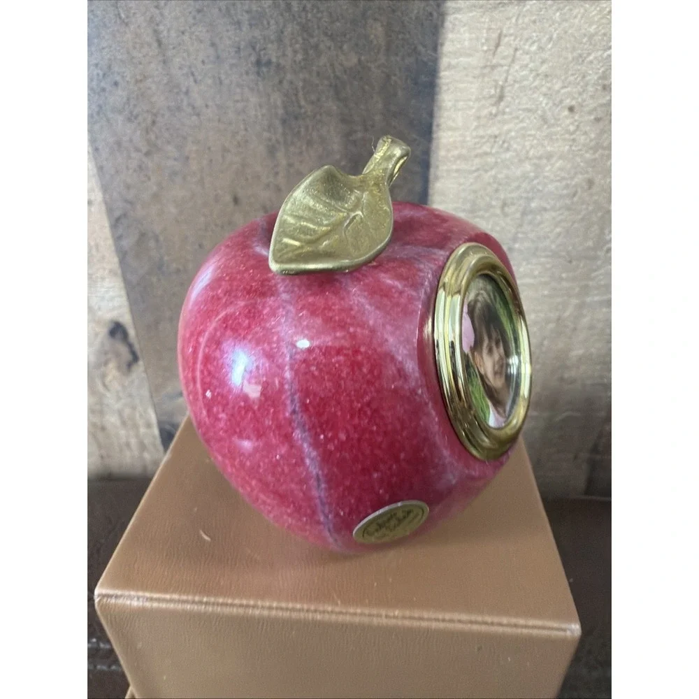 Andrea by Sadek Red Apple Polished Marble Paperweight Picture Frame Brass Stem